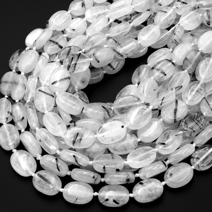 Natural Black Tourmaline Rutilated Quartz Oval Beads 18x13mm 15.5" Strand