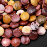 Natural Australian Mookaite Jasper Beads 14mm 18mm Coin Sunset Color Red Yellow Maroon Red Creamy beige 15.5" Strand