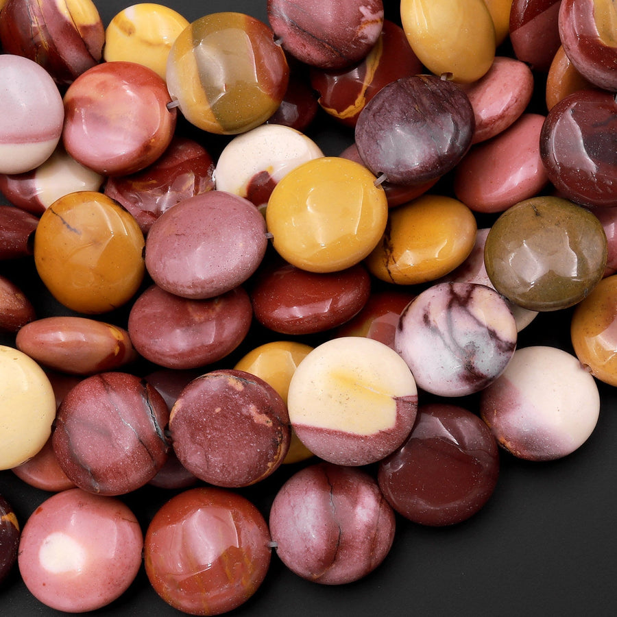 Natural Australian Mookaite Jasper Beads 14mm 18mm Coin Sunset Color Red Yellow Maroon Red Creamy beige 15.5" Strand
