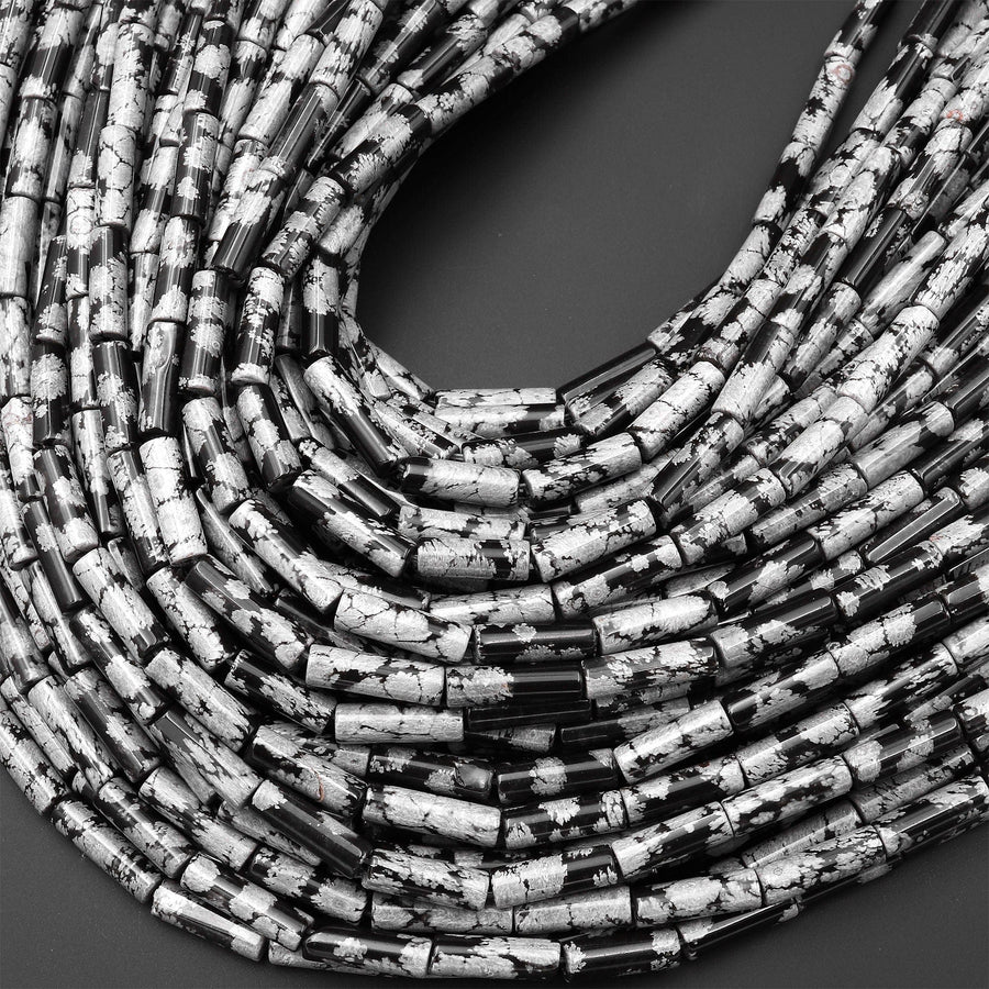 Natural Snowflake Obsidian Thin Long Tube Beads 14mm 15.5" Strand