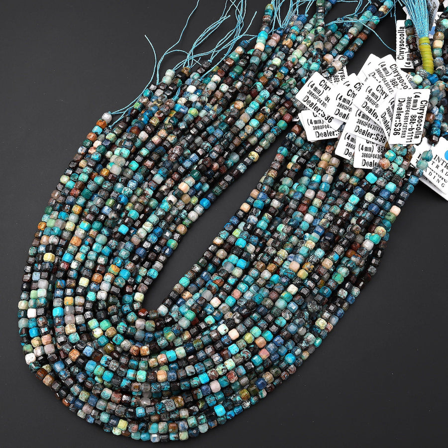 AAA Natural Chrysocolla Faceted 4mm Cube Dice Square Beads Micro Faceted Laser Diamond Cut 15.5" Strand