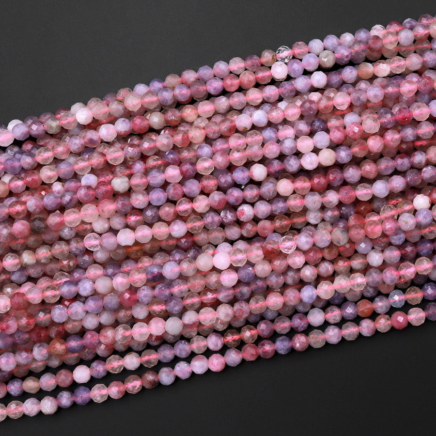 Faceted Natural Pink Tourmaline Purple Lepidolite 4mm Round Beads Micro Diamond Cut Gemstone 15.5" Strand