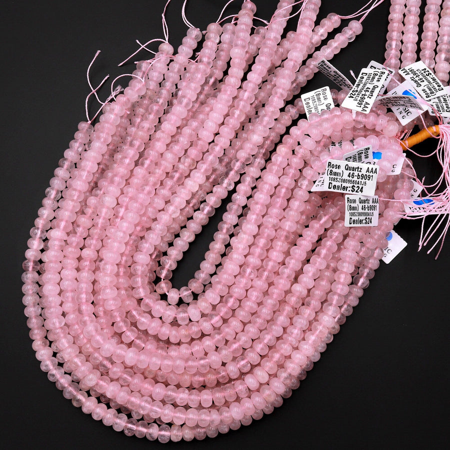 AAA Traslucent Natural Pink Rose Quartz Rondelle Beads 6x4mm 8x5mm 15.5" Strand
