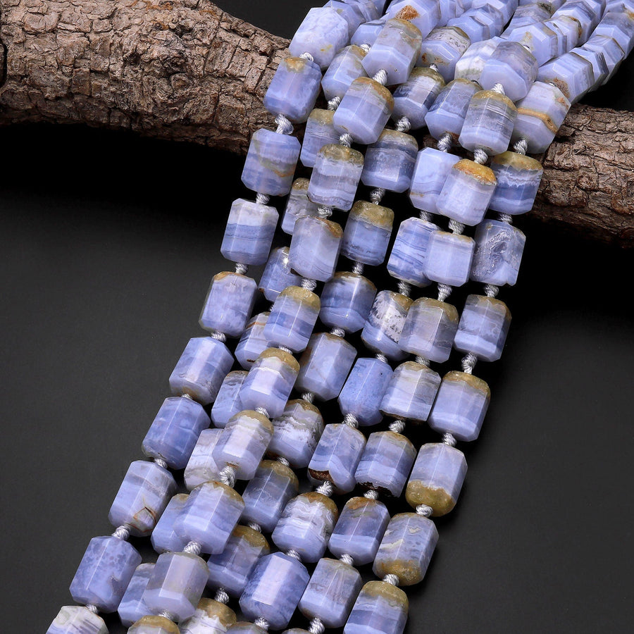 Faceted Natural Blue Lace Agate Octagon Cylinder Tube Beads 15.5" Strand