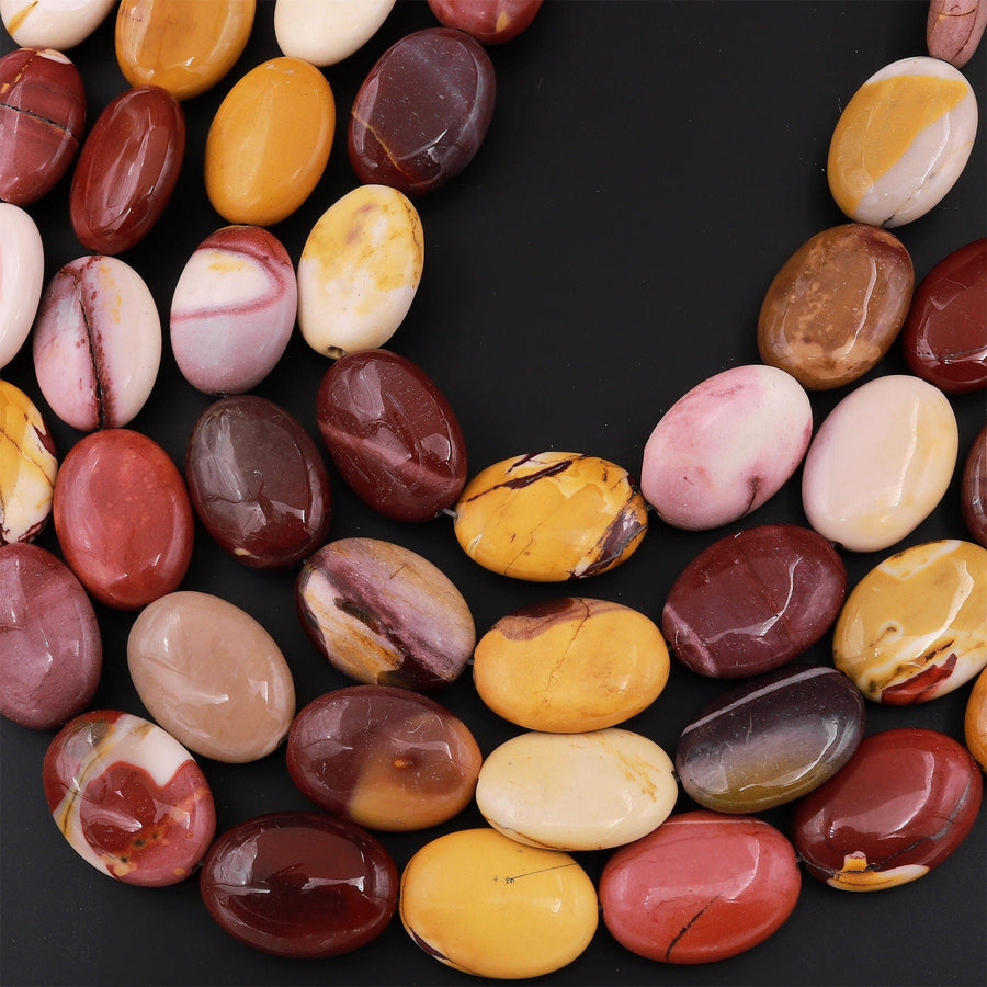 Natural Australian Mookaite Jasper Oval Beads Sunset Color Red Yellow Maroon Red Creamy beige 15.5" Strand
