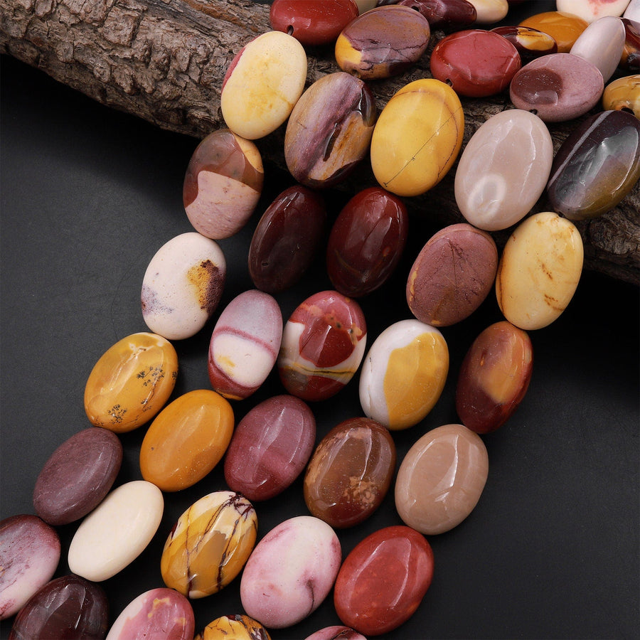 Natural Australian Mookaite Jasper Oval Beads Sunset Color Red Yellow Maroon Red Creamy beige 15.5" Strand