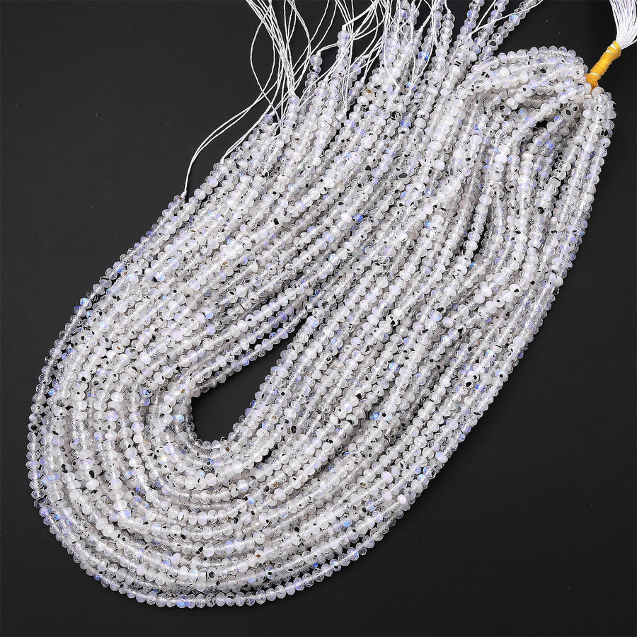 Micro Faceted Natural Rainbow Moonstone Rondelle Beads 4mm Blue Flashes Black Iron 15.5" Strand