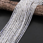 Micro Faceted Natural Rainbow Moonstone Rondelle Beads 4mm Blue Flashes Black Iron 15.5" Strand