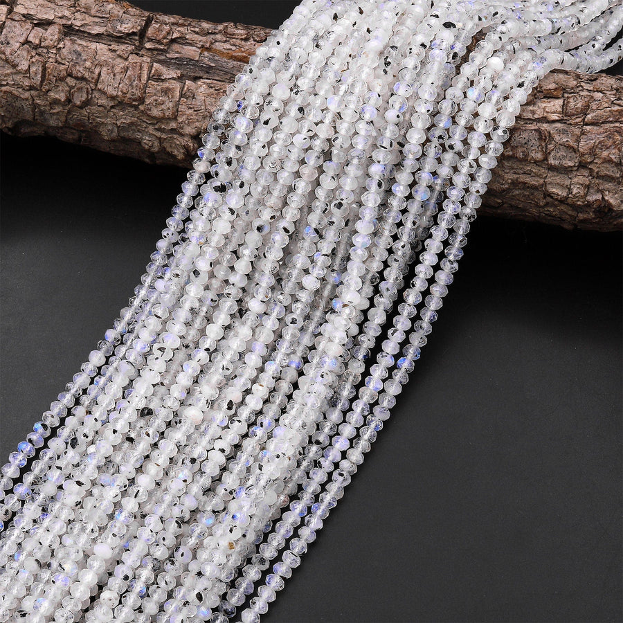 Micro Faceted Natural Rainbow Moonstone Rondelle Beads 4mm Blue Flashes Black Iron 15.5" Strand