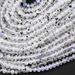 Micro Faceted Natural Rainbow Moonstone Rondelle Beads 4mm Blue Flashes Black Iron 15.5" Strand