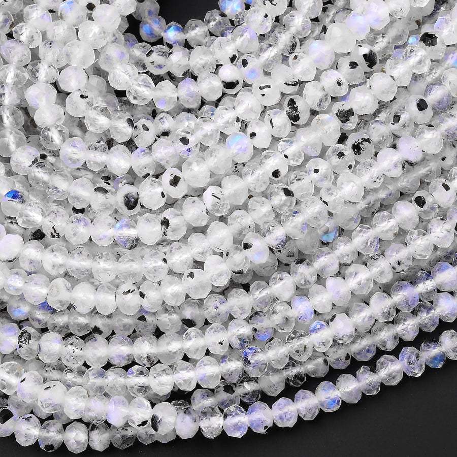 Micro Faceted Natural Rainbow Moonstone Rondelle Beads 4mm Blue Flashes Black Iron 15.5" Strand