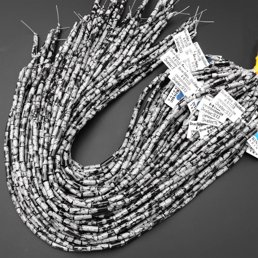 Natural Snowflake Obsidian Thin Long Tube Beads 14mm 15.5" Strand