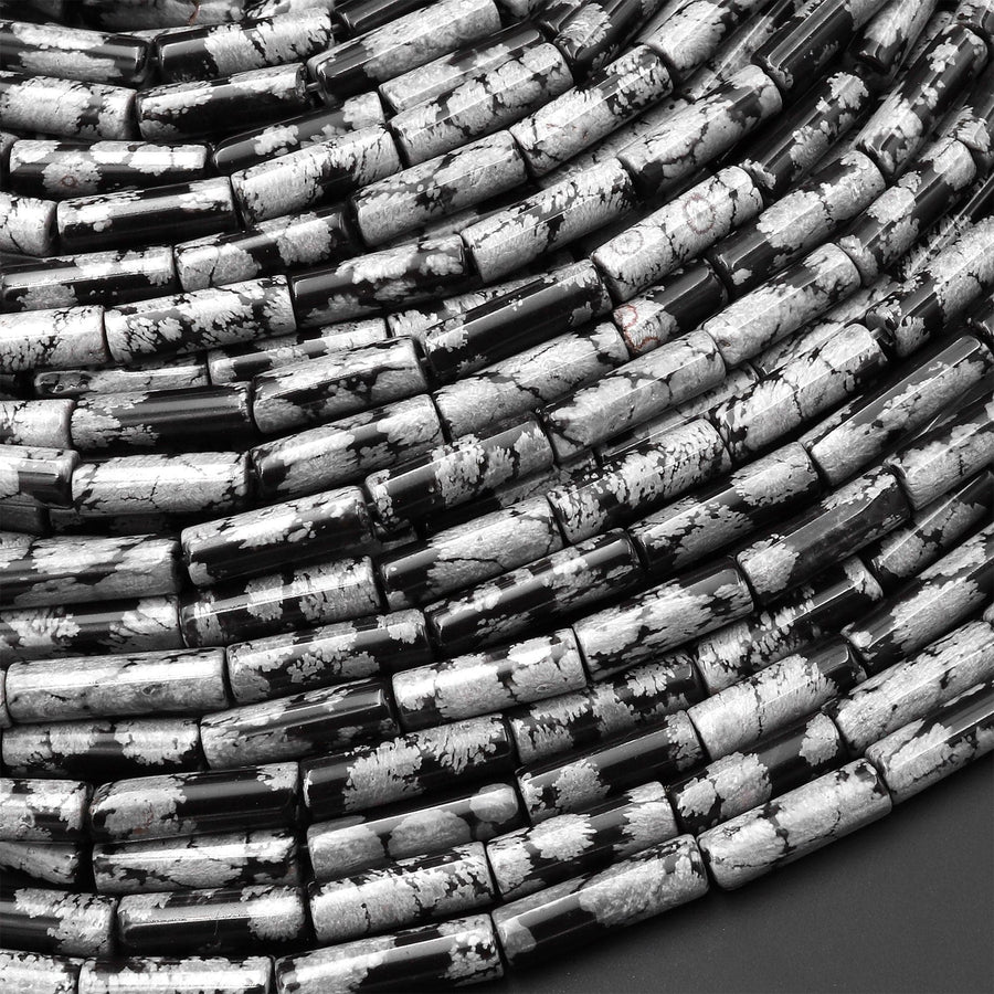 Natural Snowflake Obsidian Thin Long Tube Beads 14mm 15.5" Strand