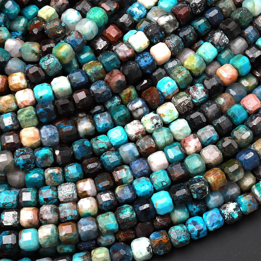AAA Natural Chrysocolla Faceted 4mm Cube Dice Square Beads Micro Faceted Laser Diamond Cut 15.5" Strand
