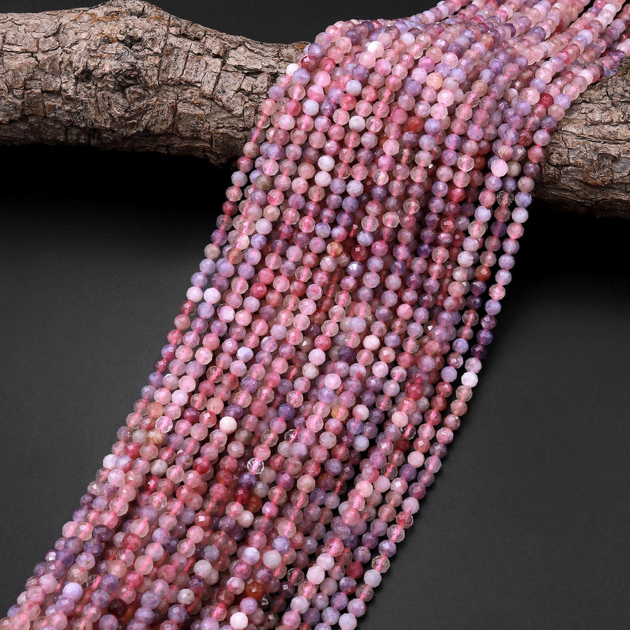 Faceted Natural Pink Tourmaline Purple Lepidolite 4mm Round Beads Micro Diamond Cut Gemstone 15.5" Strand