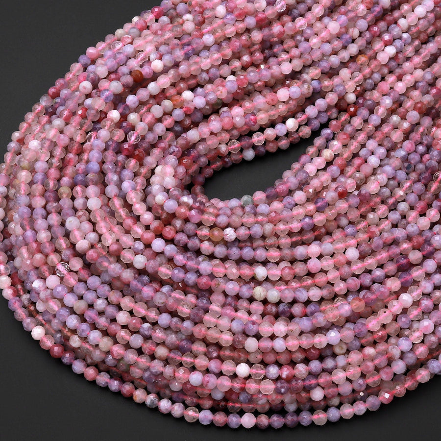 Faceted Natural Pink Tourmaline Purple Lepidolite 4mm Round Beads Micro Diamond Cut Gemstone 15.5" Strand