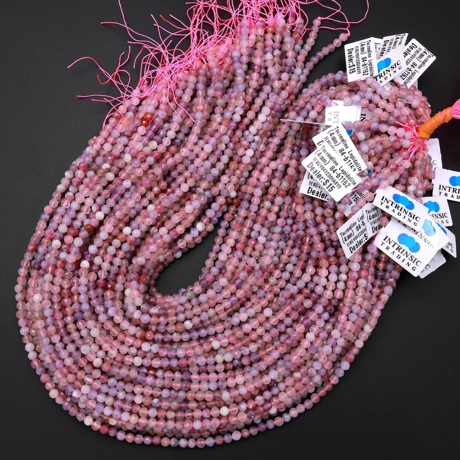 Faceted Natural Pink Tourmaline Purple Lepidolite 4mm Round Beads Micro Diamond Cut Gemstone 15.5" Strand