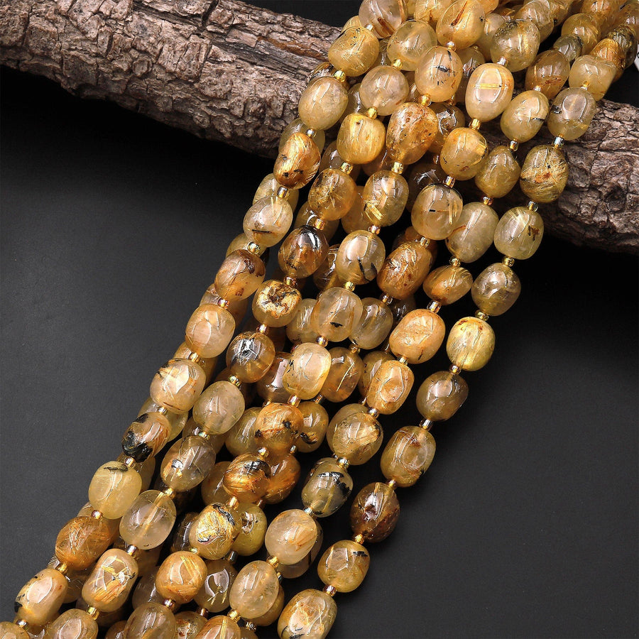 Natural Titanium Golden Rutile Quartz Puffy Smooth Rounded Nugget Beads Gemstone 15.5" Strand