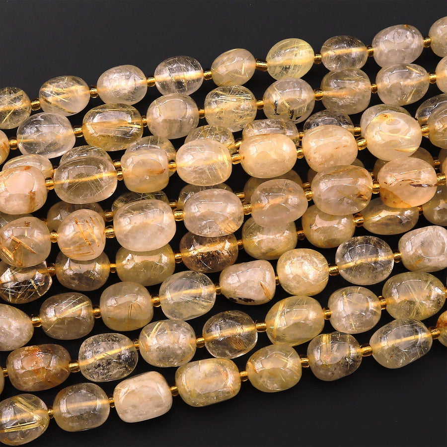Translucent Natural Golden Rutile Quartz Puffy Smooth Nugget Beads Gemstone 15.5" Strand