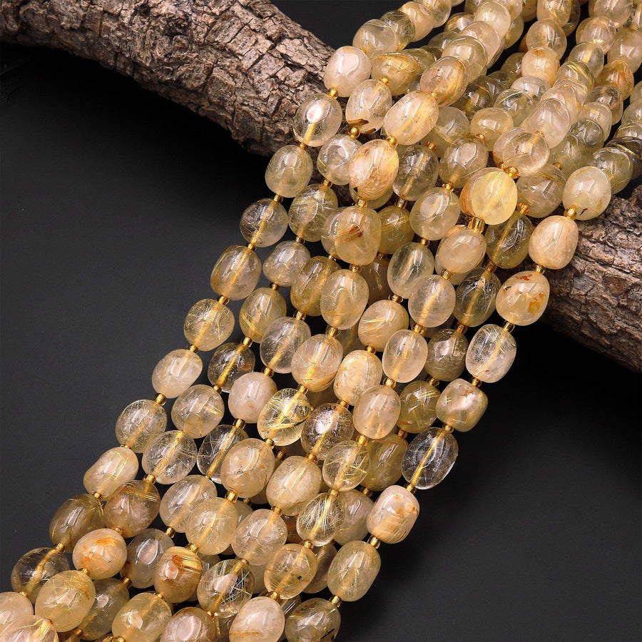 Translucent Natural Golden Rutile Quartz Puffy Smooth Nugget Beads Gemstone 15.5" Strand