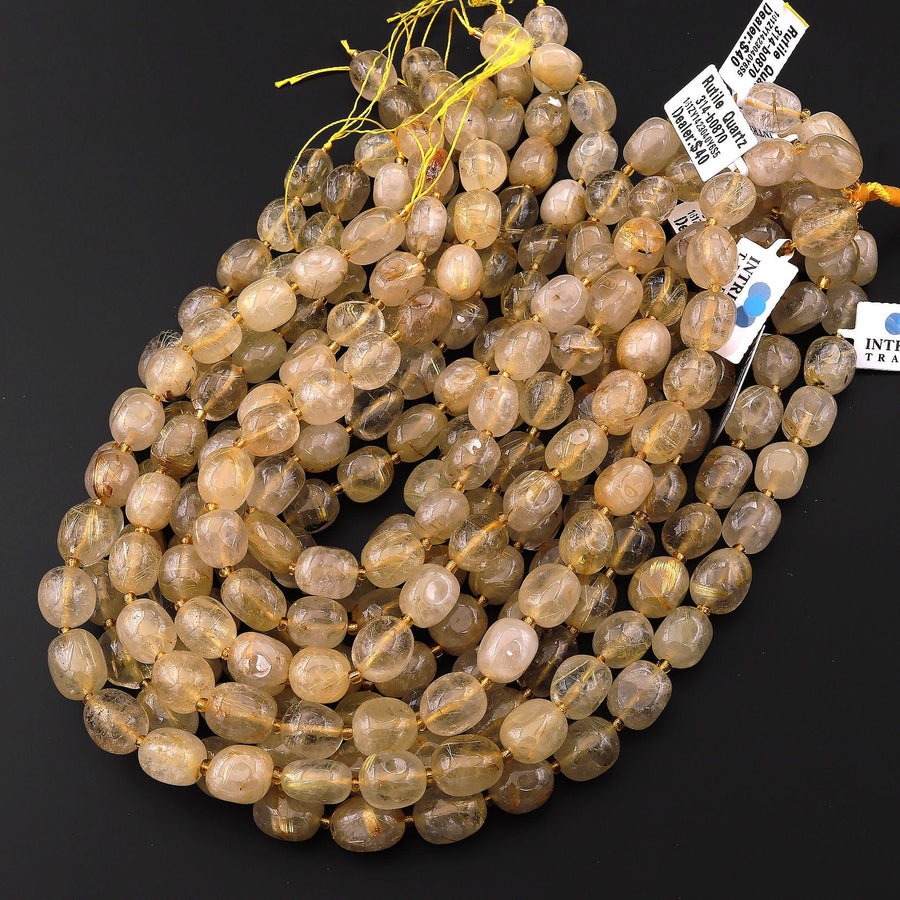 Translucent Natural Golden Rutile Quartz Puffy Smooth Nugget Beads Gemstone 15.5" Strand