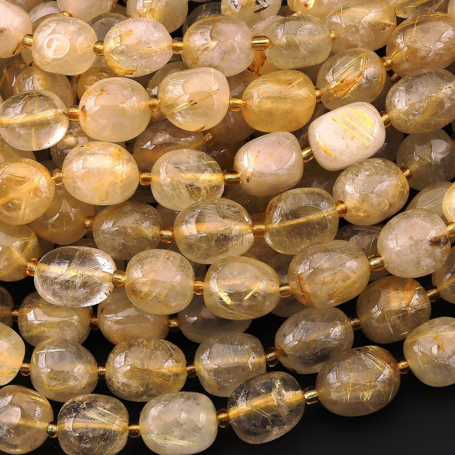 Translucent Natural Golden Rutile Quartz Puffy Smooth Nugget Beads Gemstone 15.5" Strand