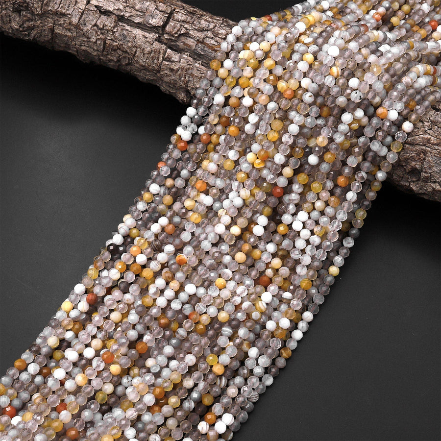 Micro Faceted Natural Yellow Botswana Agate 4mm Round Beads Laser Diamond Cut Gemstone 15.5" Strand