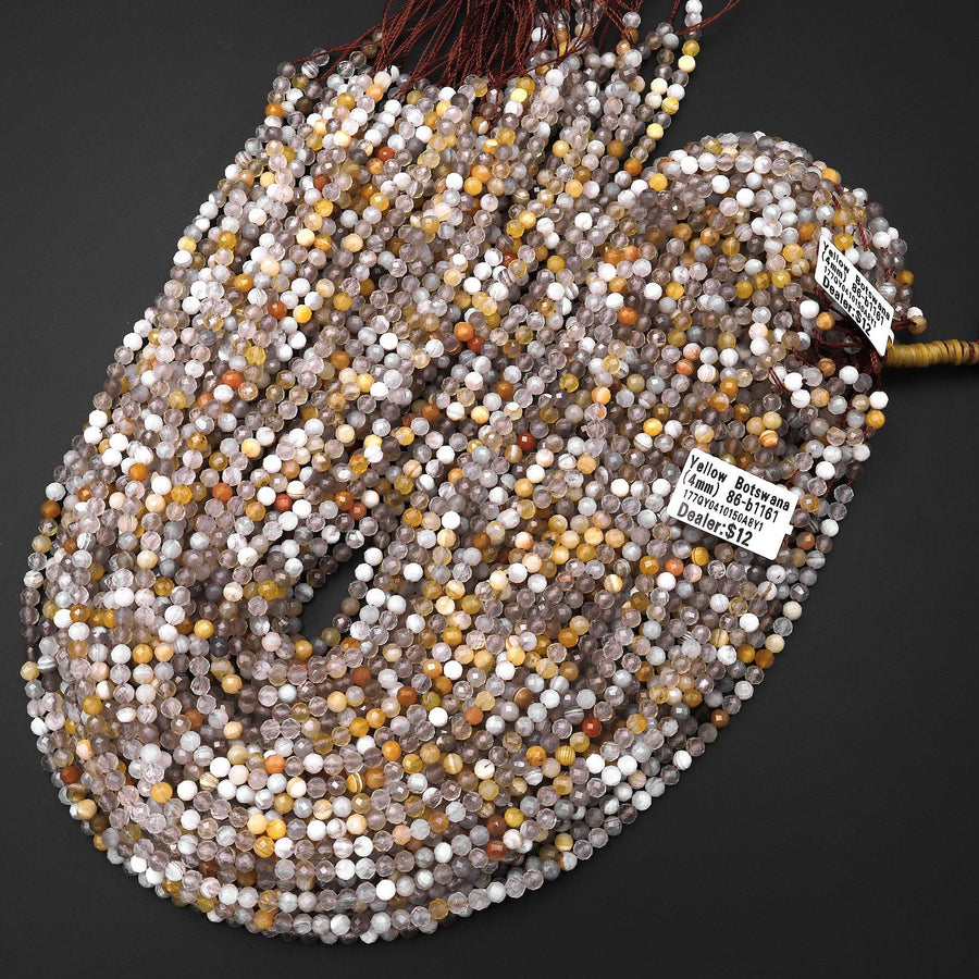 Micro Faceted Natural Yellow Botswana Agate 4mm Round Beads Laser Diamond Cut Gemstone 15.5" Strand
