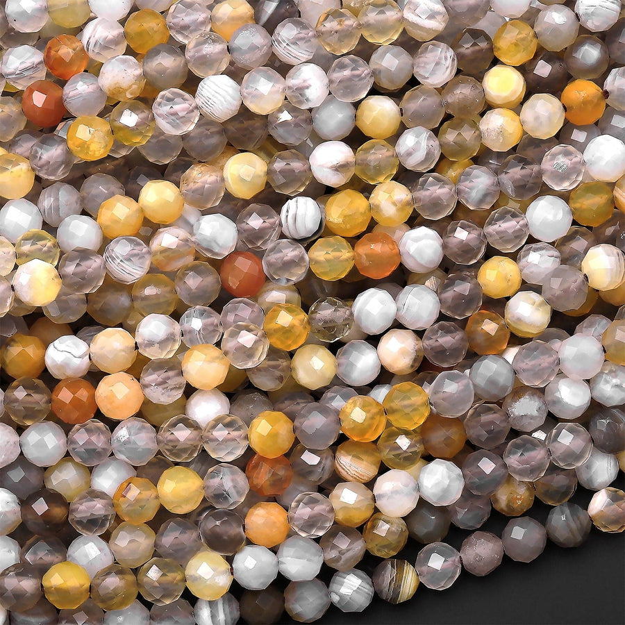 Micro Faceted Natural Yellow Botswana Agate 4mm Round Beads Laser Diamond Cut Gemstone 15.5" Strand