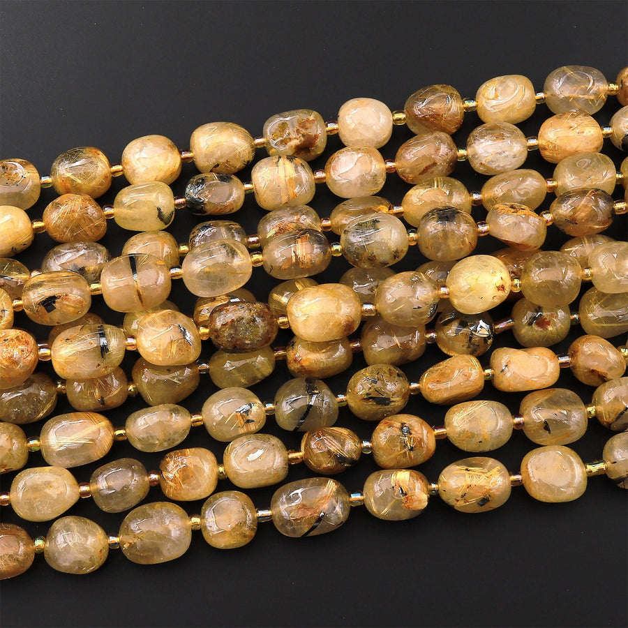 Natural Titanium Golden Rutile Quartz Puffy Smooth Rounded Nugget Beads Gemstone 15.5" Strand