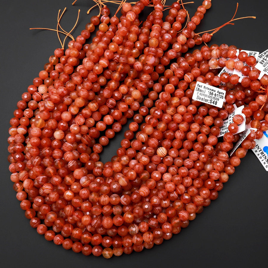 Faceted Natural Orange Red Botswana Agate Round Beads 6mm 8mm 10mm 15.5" Strand