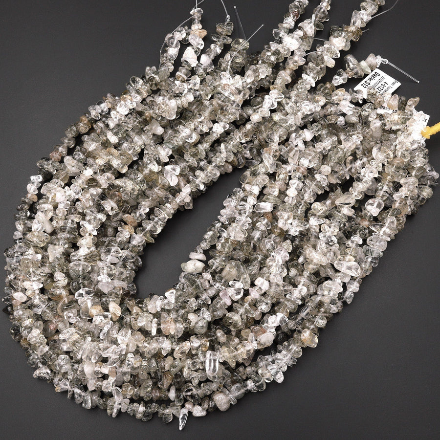 Natural Green Tourmaline Rutile Quartz Freeform Chip Pebble Nugget Beads Gemstone 15.5" Strand