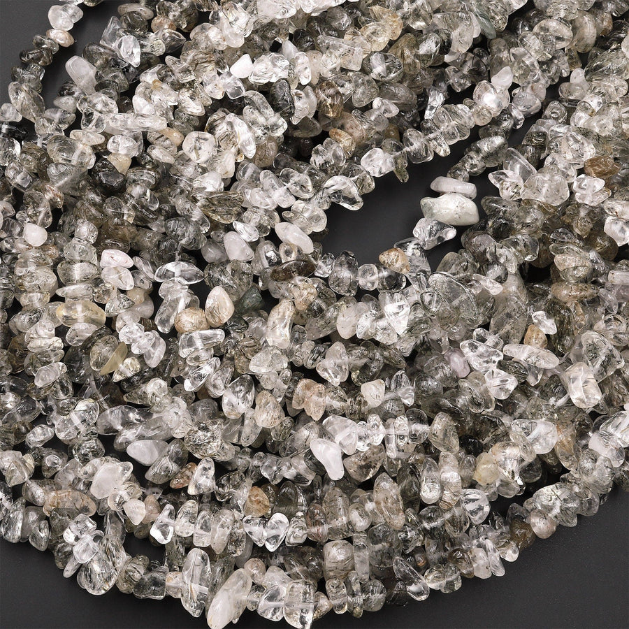 Natural Green Tourmaline Rutile Quartz Freeform Chip Pebble Nugget Beads Gemstone 15.5" Strand