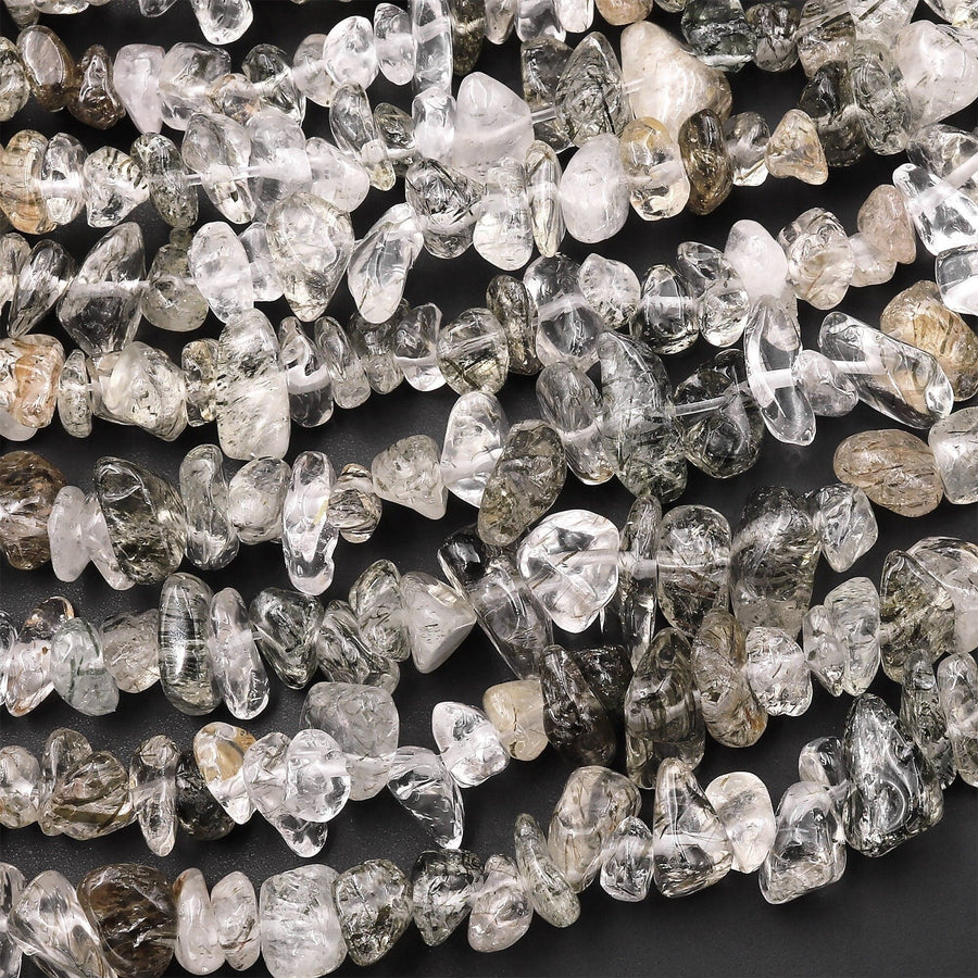 Natural Green Tourmaline Rutile Quartz Freeform Chip Pebble Nugget Beads Gemstone 15.5" Strand