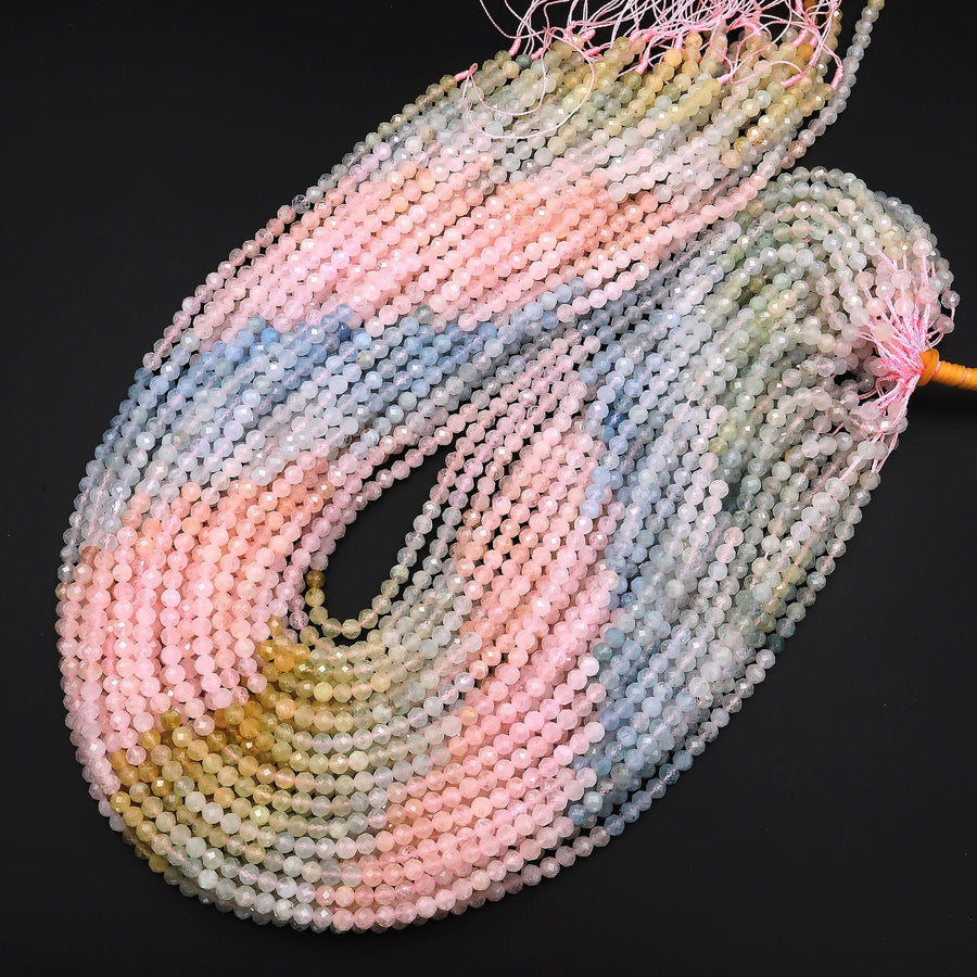 AAA Translucent Faceted Pink Morganite Blue Aquamarine 4mm Round Beads Micro Diamond cut Gemstone 15.5" Strand