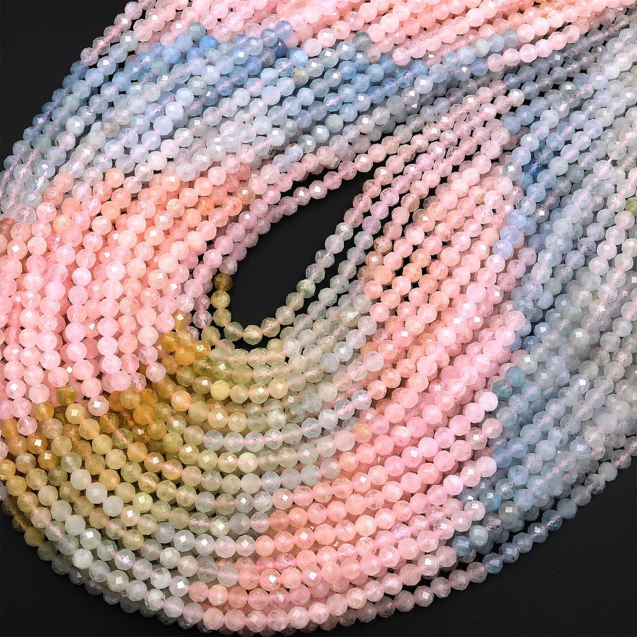 AAA Translucent Faceted Pink Morganite Blue Aquamarine 4mm Round Beads Micro Diamond cut Gemstone 15.5" Strand
