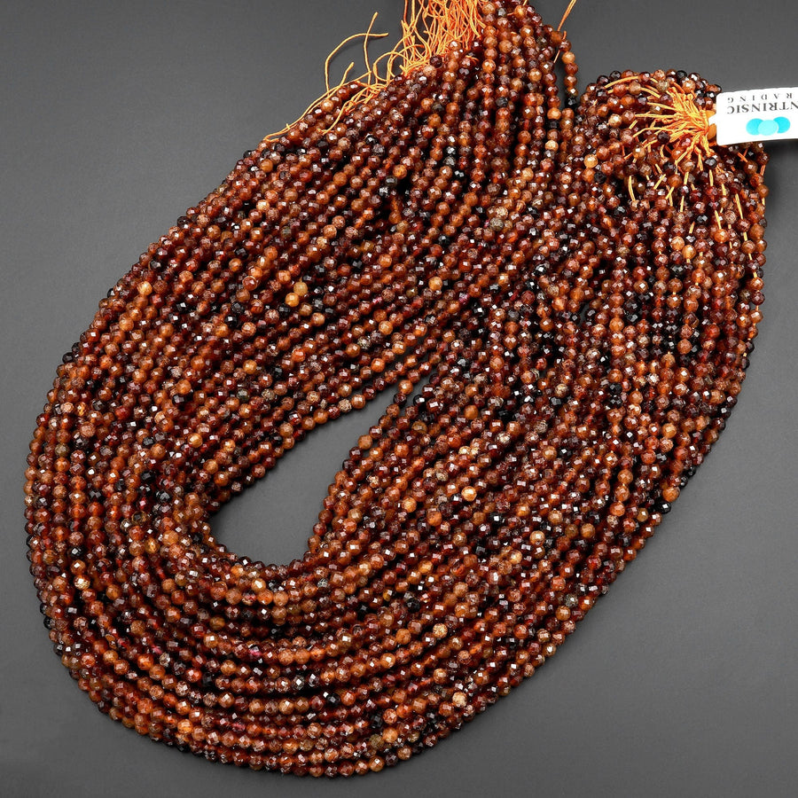 Natural Orange Brown Hessonite Garnet Faceted 3mm 4mm Round Beads Micro Faceted Diamond Cut Gemstone 15.5" Strand