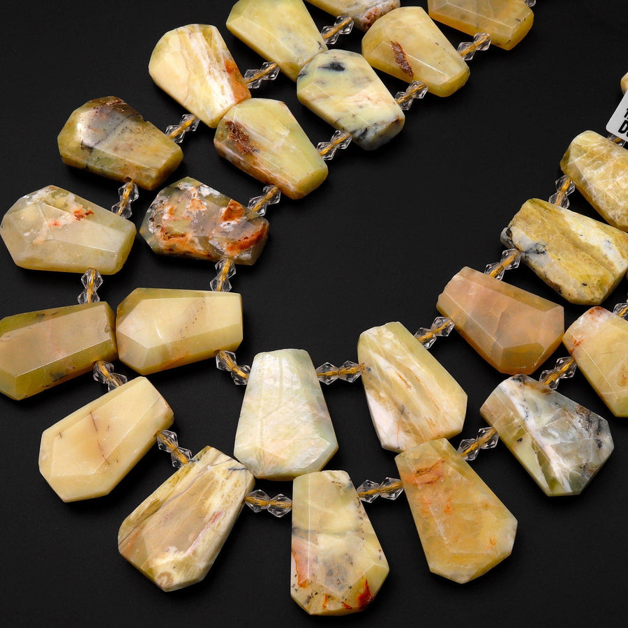 Natural Yellow Opal Beads Faceted Trapezoid Tapered Teardrop Top Side Drilled Flat Slice Pendant 15.5" Strand