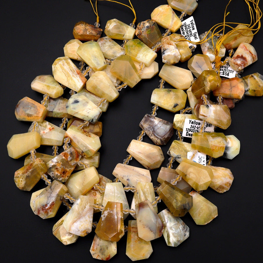 Natural Yellow Opal Beads Faceted Trapezoid Tapered Teardrop Top Side Drilled Flat Slice Pendant 15.5" Strand