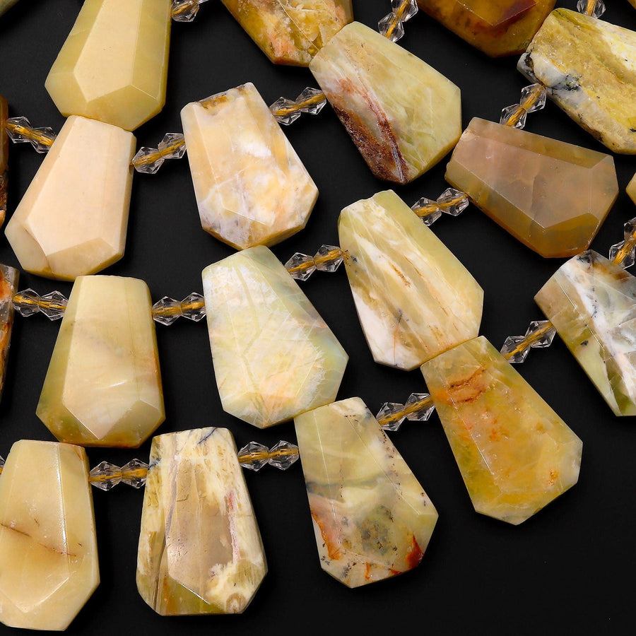 Natural Yellow Opal Beads Faceted Trapezoid Tapered Teardrop Top Side Drilled Flat Slice Pendant 15.5" Strand