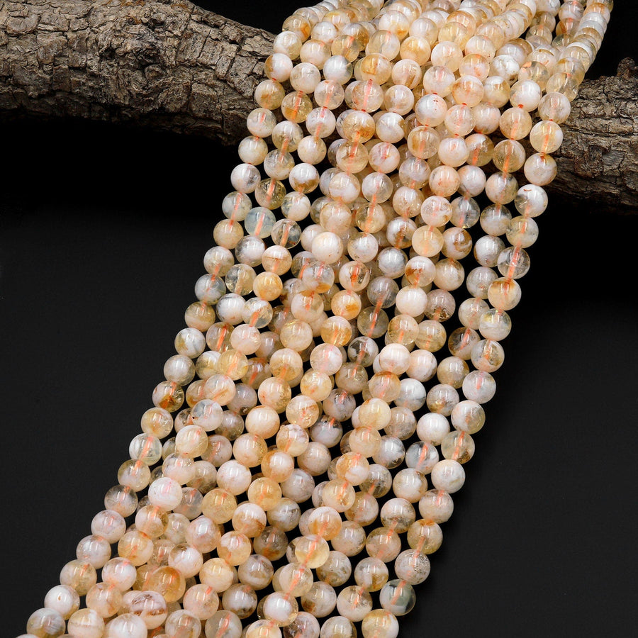 Natural Golden Yellow Citrine 6mm 8mm 10mm 12mm Smooth Round Beads W White Quartz Matrix Gemstone 15.5" Strand