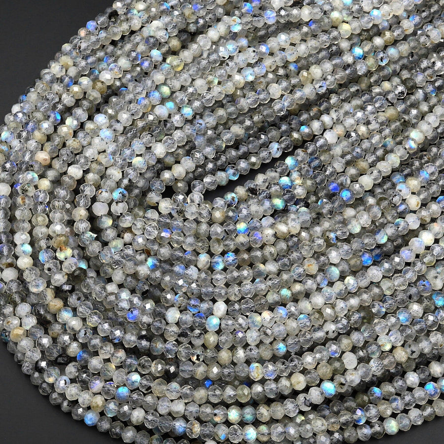 Faceted 4mm Natural Labradorite Rondelle Beads Black Tourmaline Matrix 15.5" Strand