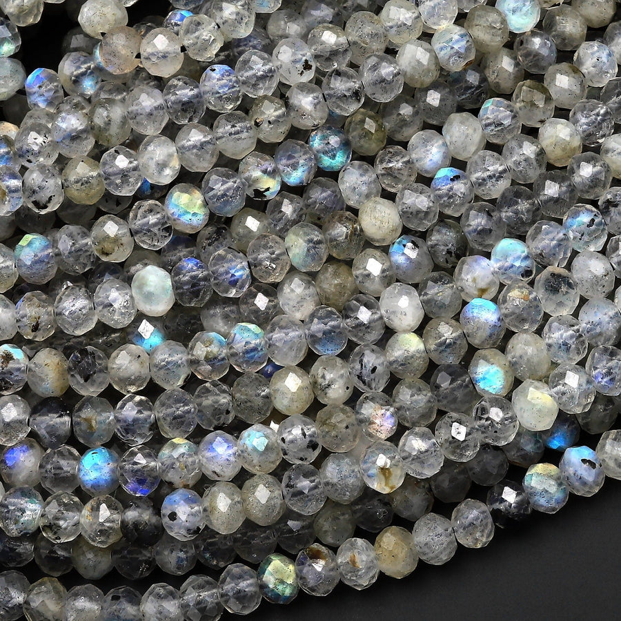 Faceted 4mm Natural Labradorite Rondelle Beads Black Tourmaline Matrix 15.5" Strand