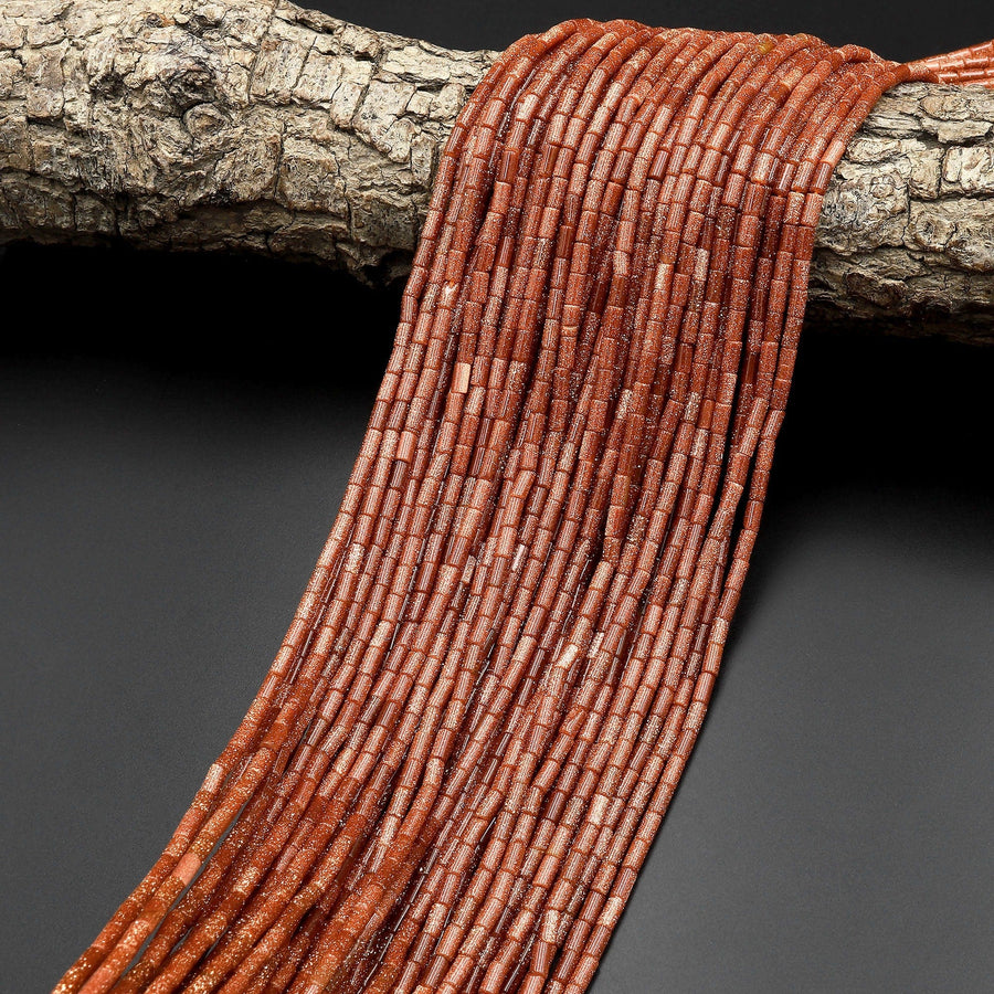 AAA Sparkling Gold Sandstone Aka Goldstone 4x2mm Small Thin Smooth Spacer Tube Beads 15.5" Strand