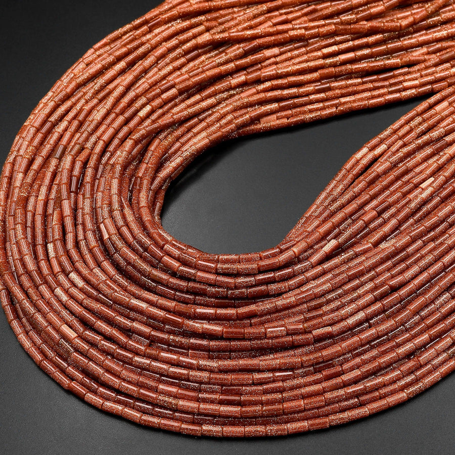 AAA Sparkling Gold Sandstone Aka Goldstone 4x2mm Small Thin Smooth Spacer Tube Beads 15.5" Strand