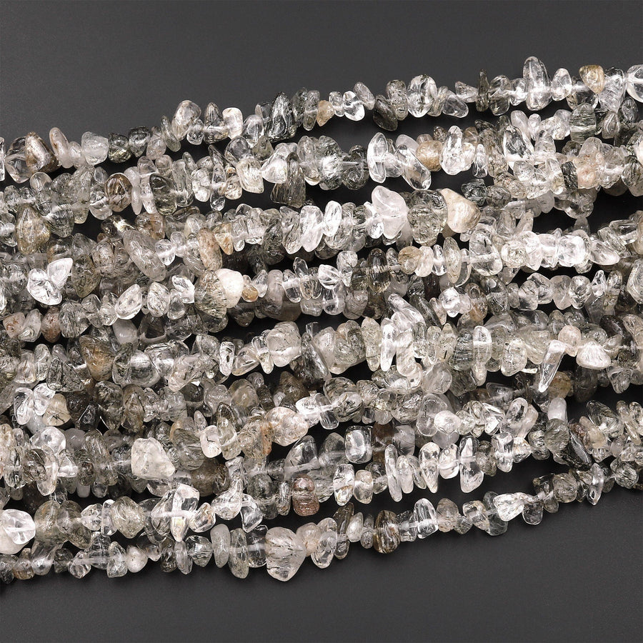 Natural Green Tourmaline Rutile Quartz Freeform Chip Pebble Nugget Beads Gemstone 15.5" Strand