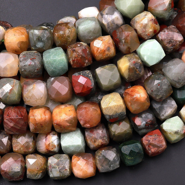 Natural African Bloodstone 8mm Beads Faceted Gemstone Cube Square Dice 15.5" Strand