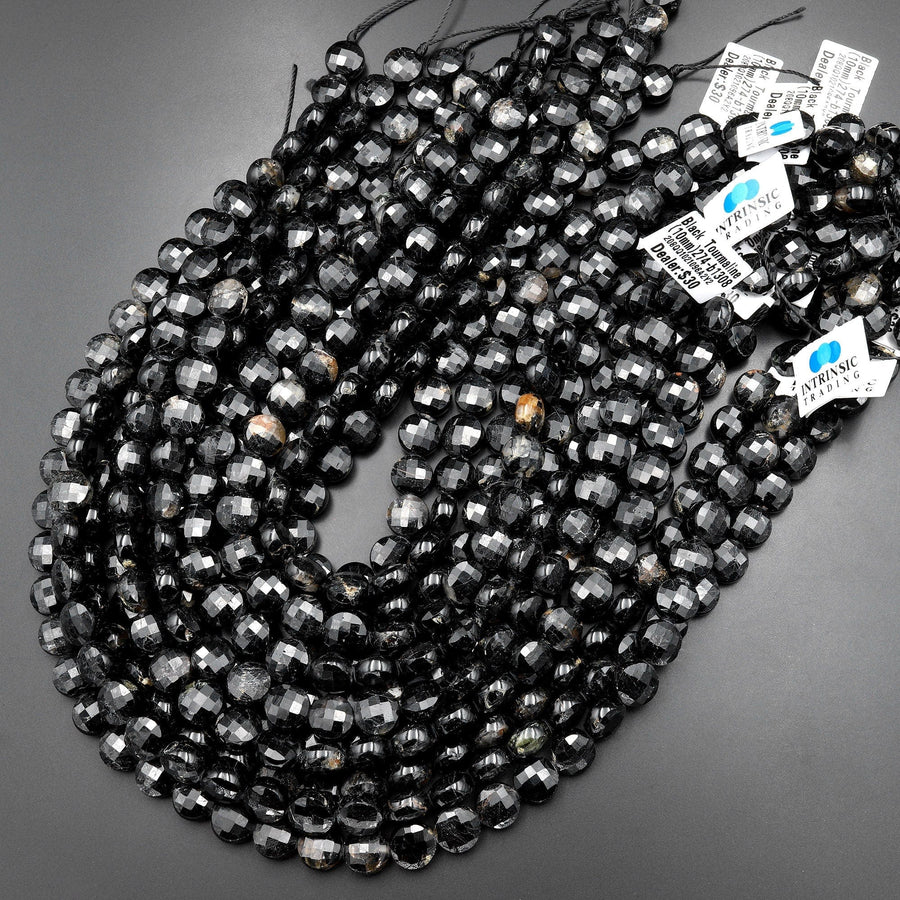 Natural Black Tourmaline Faceted 10mm Coin Beads Micro Faceted Laser Diamond Cut 15.5" Strand