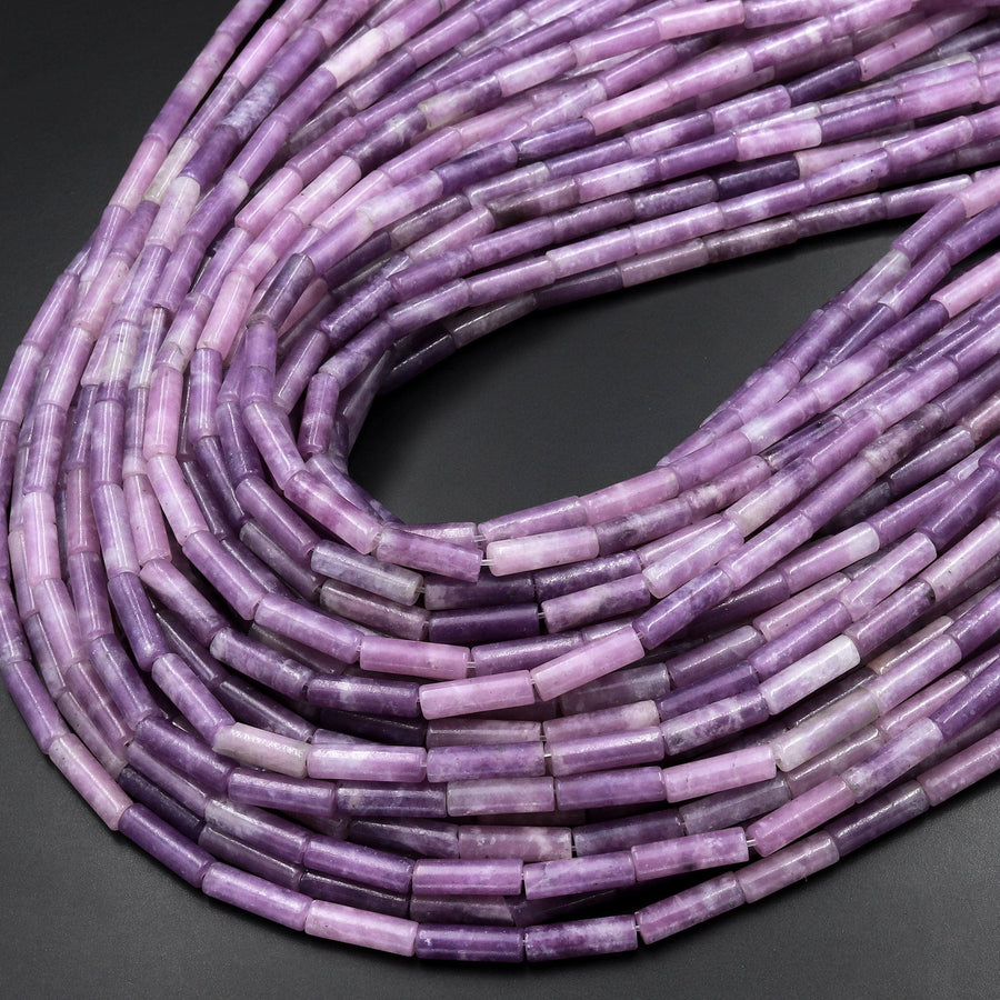 Natural Lilac Purple Lepidolite Thin Long Tube Beads 15.5" Strand