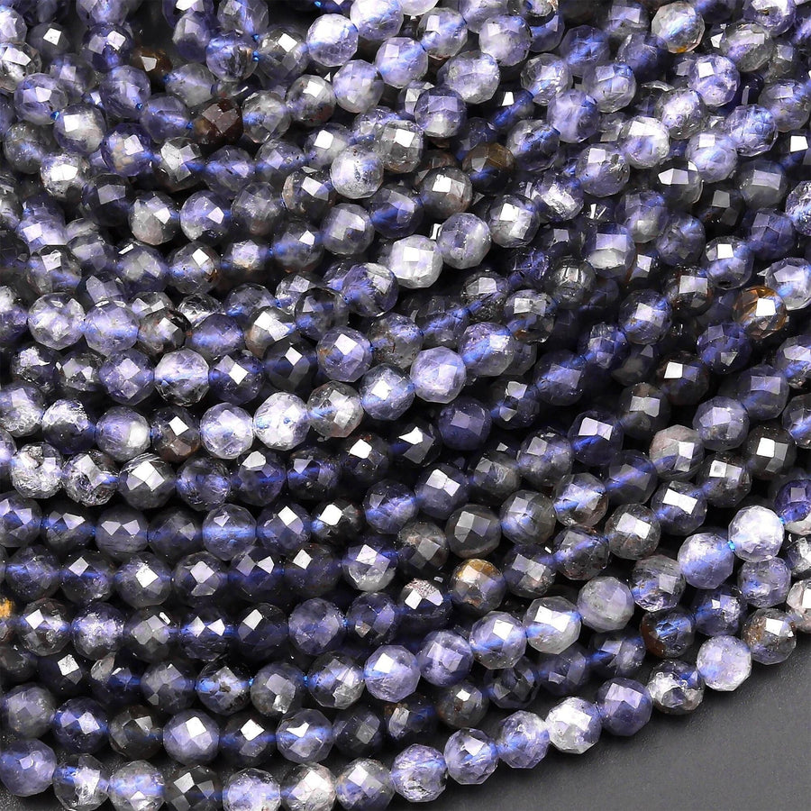 Natural Blue Iolite Faceted 4mm Round Gemstone Beads 15.5" Strand